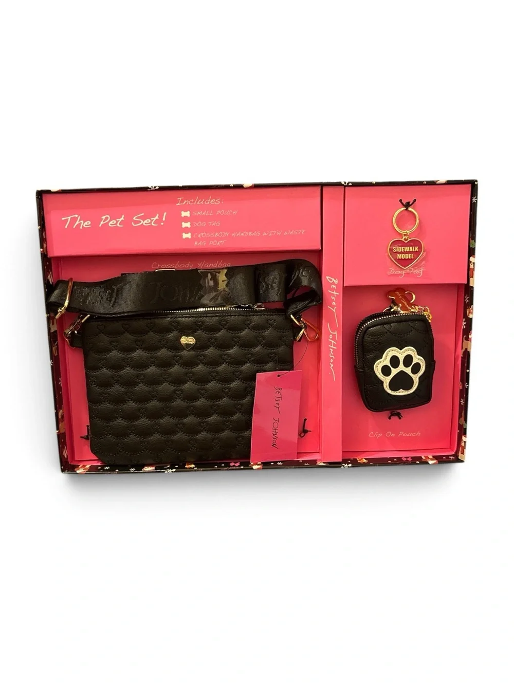 Betsey Johnson Black Quilted Crossbody, Paw Print Pouch & Key Chain NWT